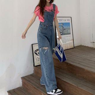 Distressed Wide Leg Denim Dungaree Pants