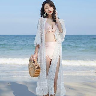 Fringed Open-front Lace Cover-up White - One Size
