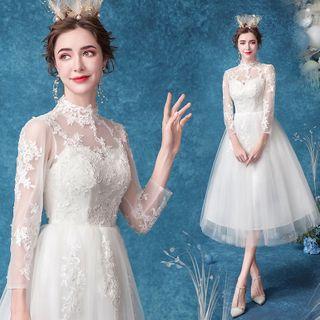 3/4-sleeve Lace Midi Wedding Dress