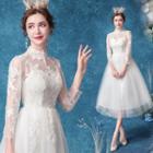 3/4-sleeve Lace Midi Wedding Dress