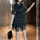 Elbow-sleeve Pattern A-line Chiffon Dress