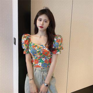 Short-sleeve Floral Print Blouse / A-line Dress
