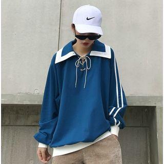 Loose-fit Lace-up Striped Pullover Blue - One Size