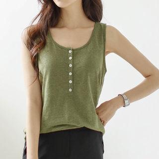 Buttoned-neckline Linen Tank Top