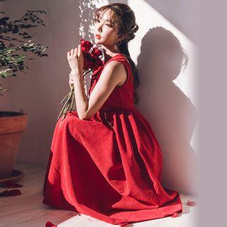 Modern Hanbok Corduroy Sleeveless Dress In Wine Red One Size