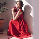 Modern Hanbok Corduroy Sleeveless Dress In Wine Red One Size