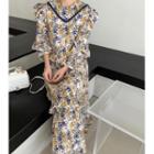 Long-sleeve Flower Print Ruffle Midi Dress