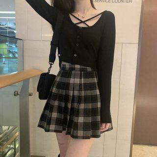 Long-sleeve Cross Strap Button-up T-shirt / Plaid Mini Pleated Skirt / Set