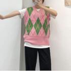 Argyle Print Sweater Vest Pink - One Size