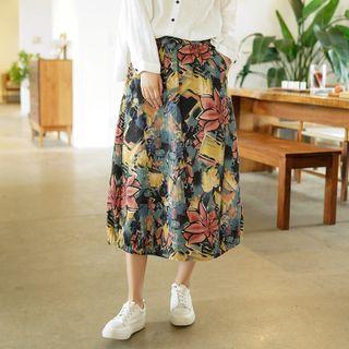 Flower Print Midi A-line Skirt Green & Yellow & Pink - One Size