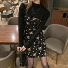 Long-sleeve Top / Spaghetti Strap Floral Print Mini A-line Dress