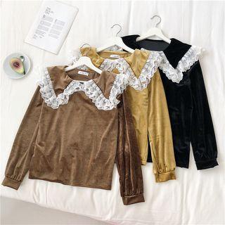 Lace Trim Faux Suede Blouse