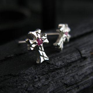 Engraved Sterling Silver Cross Ear Stud - Ruby (single) Silver & Ruby - One Size