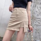 Fitted Slit-side Denim Mini Skirt