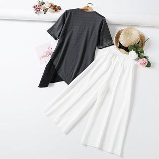 Set: Asymmetric Hem Short-sleeve T-shirt + Cropped Wide-leg Pants