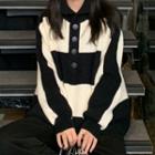 Oversized High-neck Striped Long-sleeve Sweater Black & White - One Size