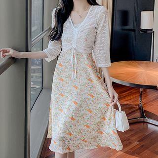 Set: Spaghetti Strap Floral Midi A-line Dress + Lace Top