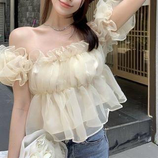 Puff-sleeve Off-shoulder Chiffon Blouse Almond - One Size
