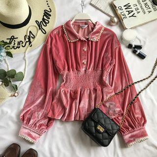 Faux-pearl Detail Slim-cut Velvet Blouse