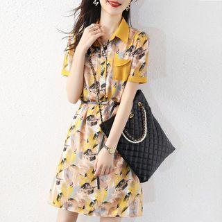 Short-sleeve Leaf Print Mini Collared Dress