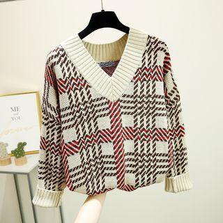 Plaid V-neck Sweater Plaid - Red & Black - One Size