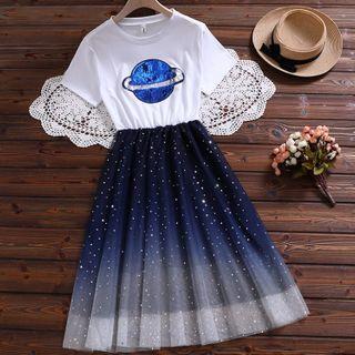 Short-sleeve Planet Sequined A-line Mesh Dress