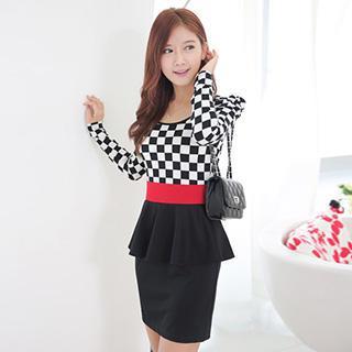 Long-sleeve Check Panel Peplum Dress