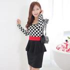 Long-sleeve Check Panel Peplum Dress