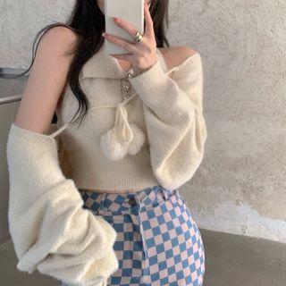 Collar Knit Crop Tank Top / Tie-strap Shrug