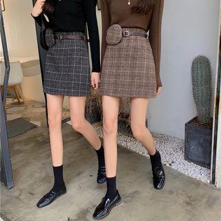 Set: Plaid Mini A-line Skirt + Belt Bag