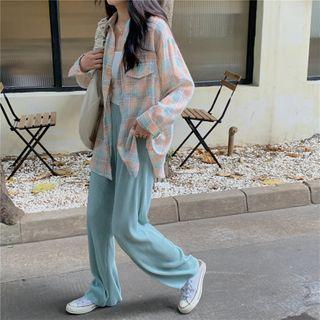 Wide-leg Pants / Long-sleeve Plaid Shirt / Spaghetti Strap Top