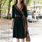 V-neck Striped Trim 3/4-sleeve Dress