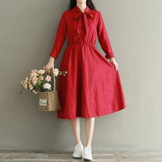 Bow Accent Long Sleeve Corduroy Midi Dress