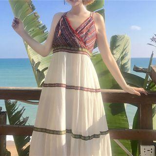 Spaghetti Strap Patterned Midi Dress / Fringed Light Shawl