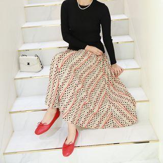 Band-waist Pattern Pleated Skirt Beige - One Size