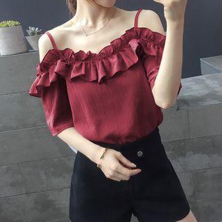 Ruffle Trim Cold-shoulder Short-sleeve Blouse