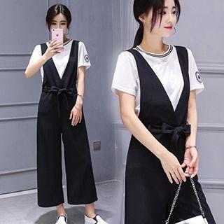 Set: Embroidered Short-sleeve T-shirt + V-neck Wide Leg Jumpsuit