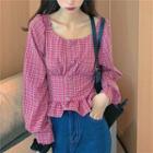 Long-sleeve Square-neck Check Slim-fit Blouse Pink - One Size