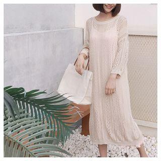 Set: Pointelle Knit Long Sweater + Midi Strappy Dress