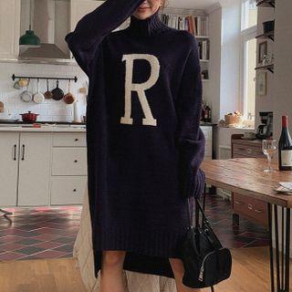 Turtle-neck Letter Patterned Knit Dress