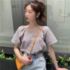 Square-neck Short-sleeve Plaid Shirt