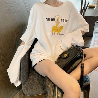 Long-sleeve Cutout Printed Sweatshirt White - One Size