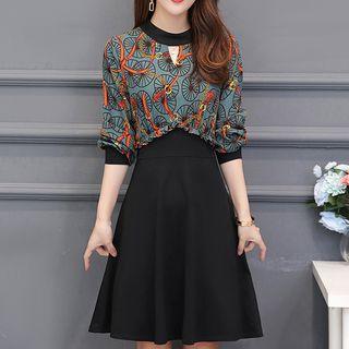 Mock Two-piece Long-sleeve Print Panel A-line Dress