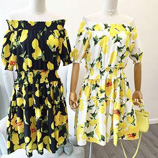 Off-shoulder Floral Print Short-sleeve Dress