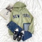 Long-sleeve Lettering Applique Embroidered Zip Hoodie Jacket Green - One Size