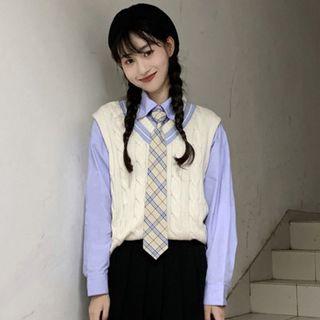 V Neck Color Panel Knit Vest / Long-sleeve Plain Shirt With Plaid Tie