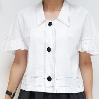 Frilled-cuff Stitched Linen Blend Blouse