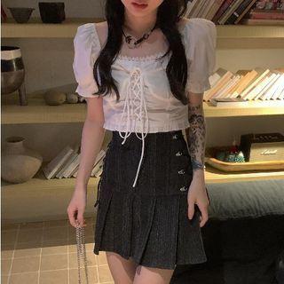 Short-sleeve Lace Up Top / Pleated Skirt