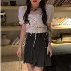 Short-sleeve Lace Up Top / Pleated Skirt
