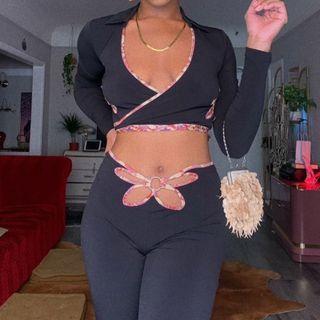 Set: Long-sleeve Collared Cropped T-shirt + Cut-out Pants